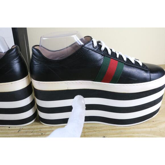 Gucci Sneakers Womens 10.5B Black Leather Peggy Platform Striped Shoes Italy - Picture 15 of 15